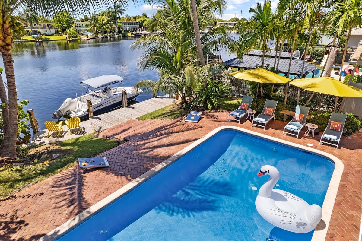 Cypress Palms heated pool and waterfront dock in Pompano Beach